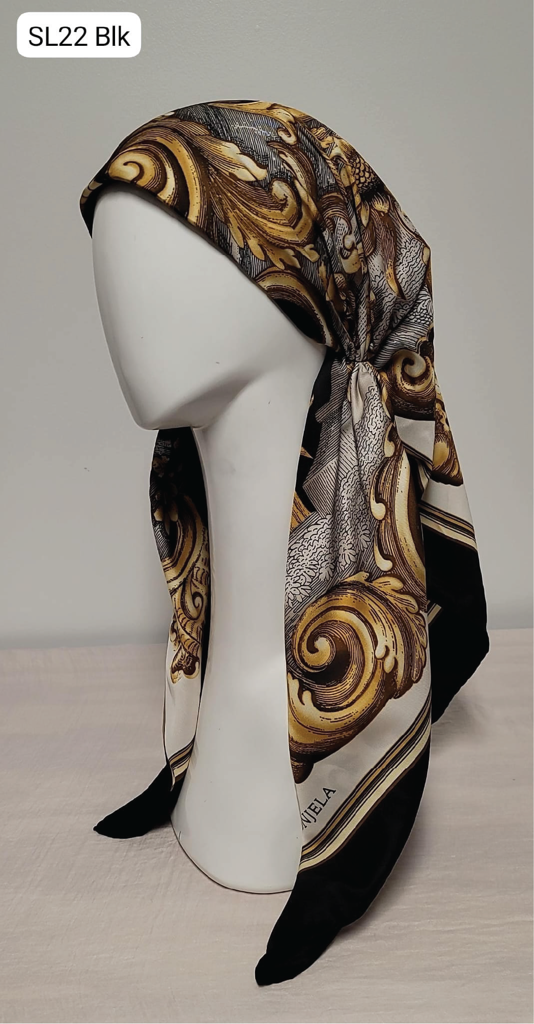 Black and gold baroque paisley print pre-tied silk head wrap, Street Smart by Lele Lily collection